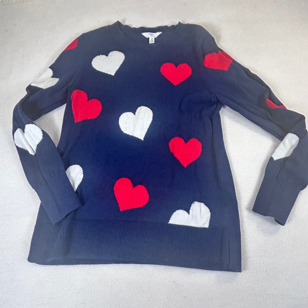 Time and Tru Navy Blue Heart Print Crewneck Sweater Small 4-6 Red White Pullover